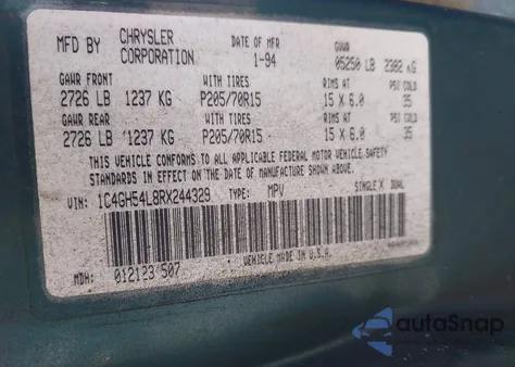 1994 Chrysler Town & Country z USA, uszkodzony, nr VIN 1C4GH54L8RX244329